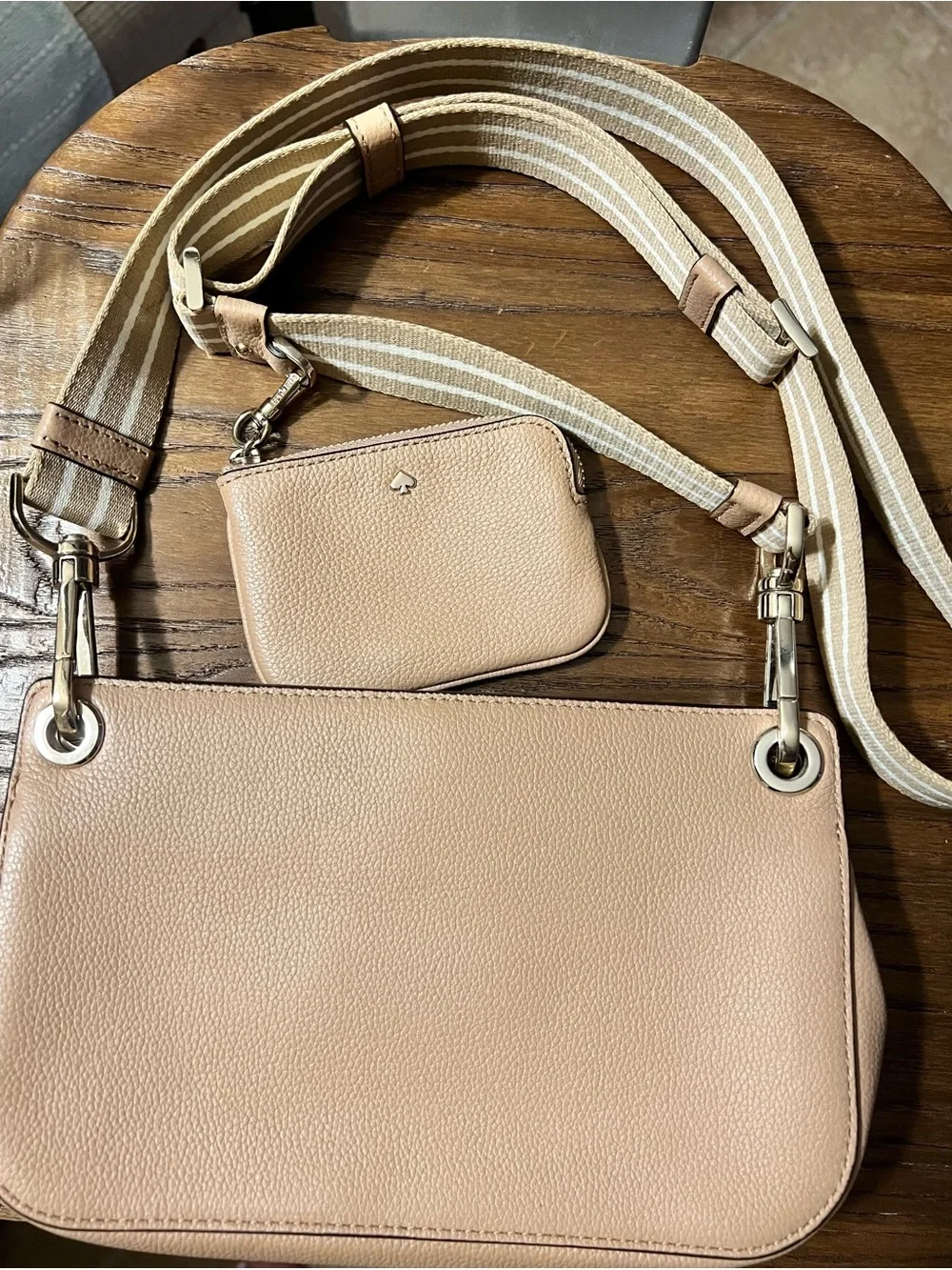kate spade Pebbled Leather Crossbody Bag in Light Beige with Striped Strap